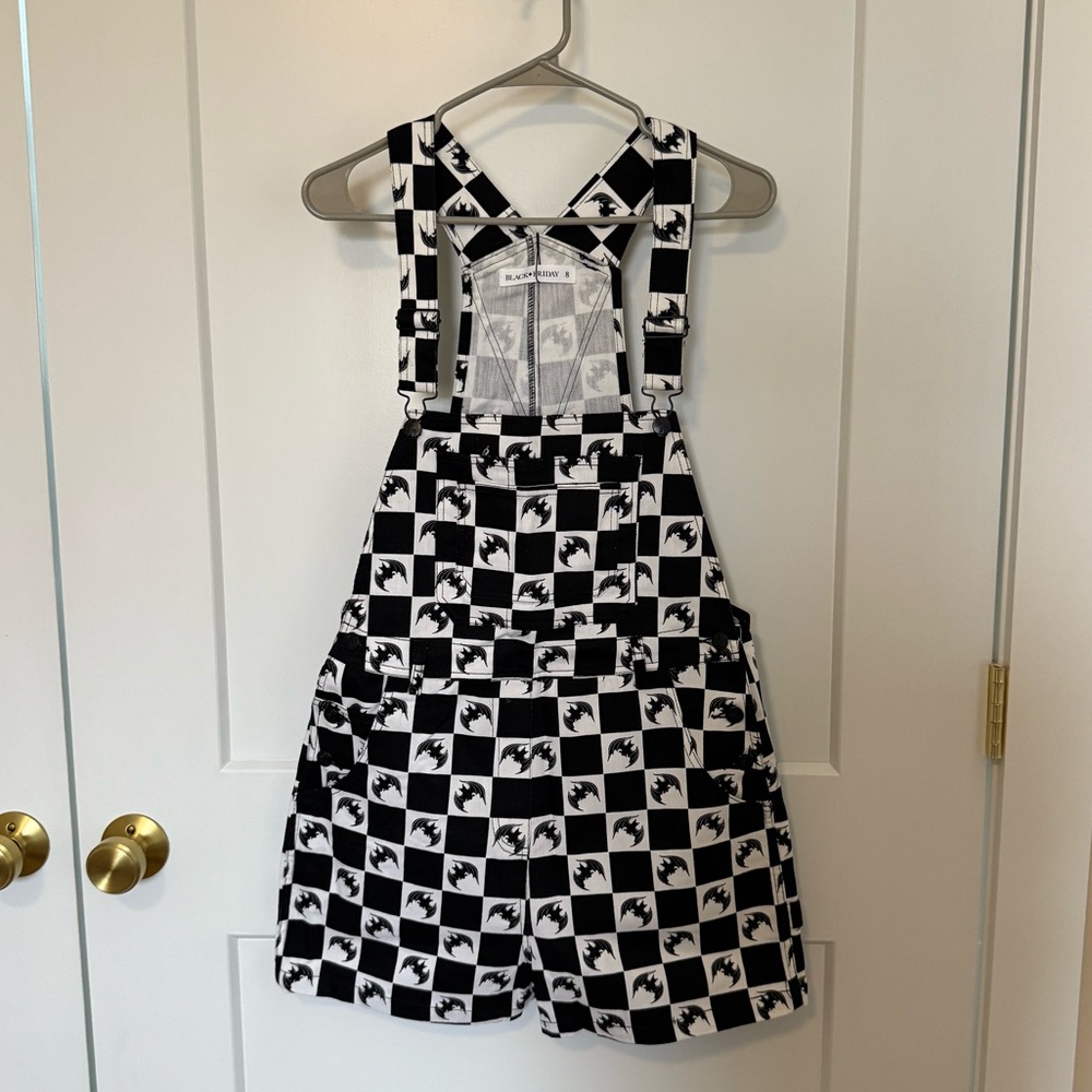 Black Friday black and white bat print overalls- CHECK SIZING IN DESCRIPTION
